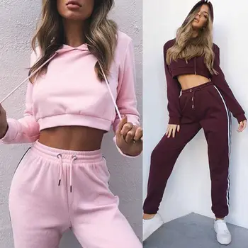 

2Pcs Women's Tracksuit Hoodie Sweatshirt Crop Tops Side Stripe Pants Set Casual Sports Sweat Suit 2 Pieces Sets Clothing Female