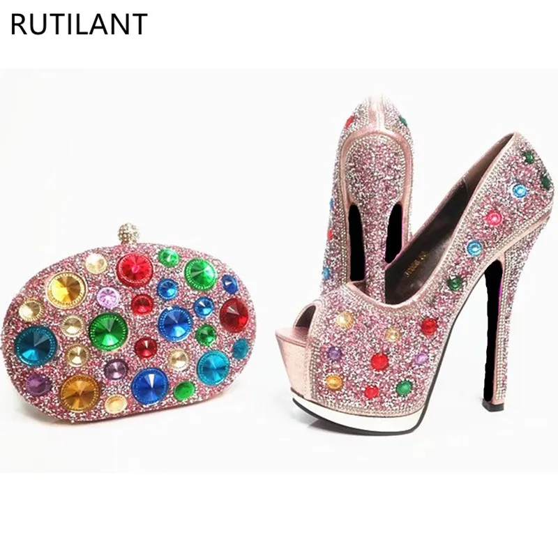 Pink Color Matching Shoes and Bag Set Decorated with Rhinestone Ladies ...