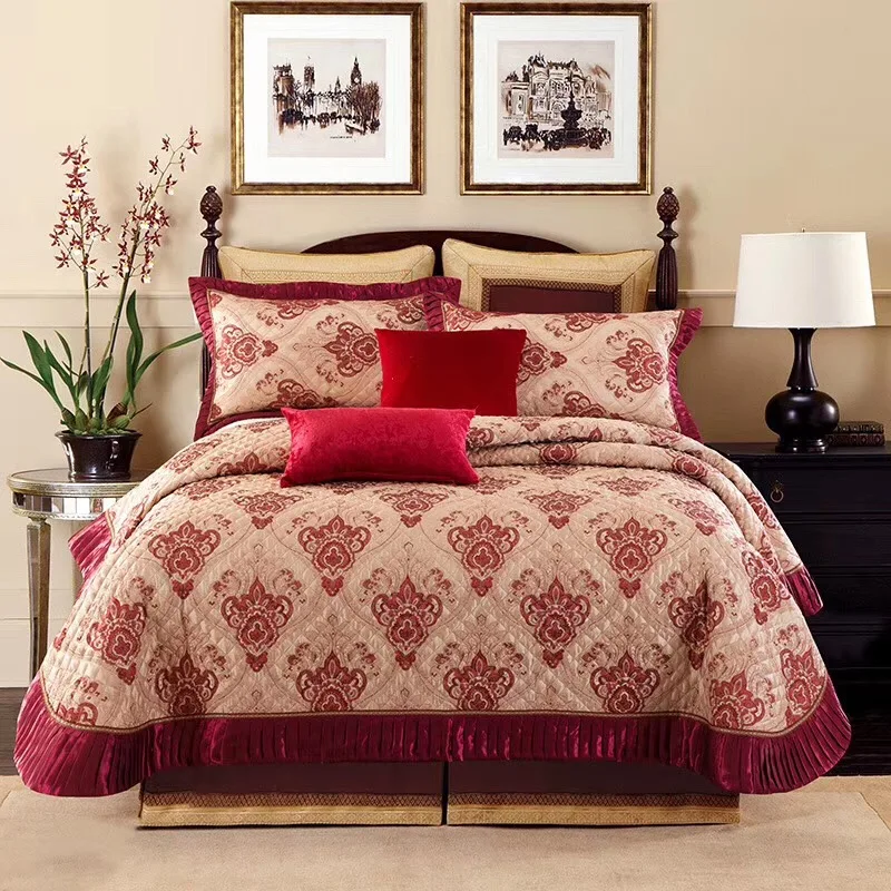 

Grey Pink Red Bright Baroque Jacquard Premium Bedspread with Matching Pillow Shams King size Bedspread Coverlet Bed cover set