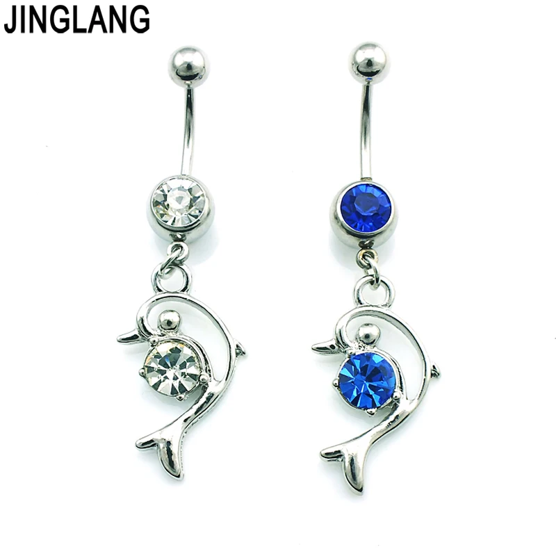 

JINGLANG New Fashion Belly Button Rings Stainless Steel Barbell Dangle 2 Style Rhinestone Dolphin Navel Piercing Jewelry