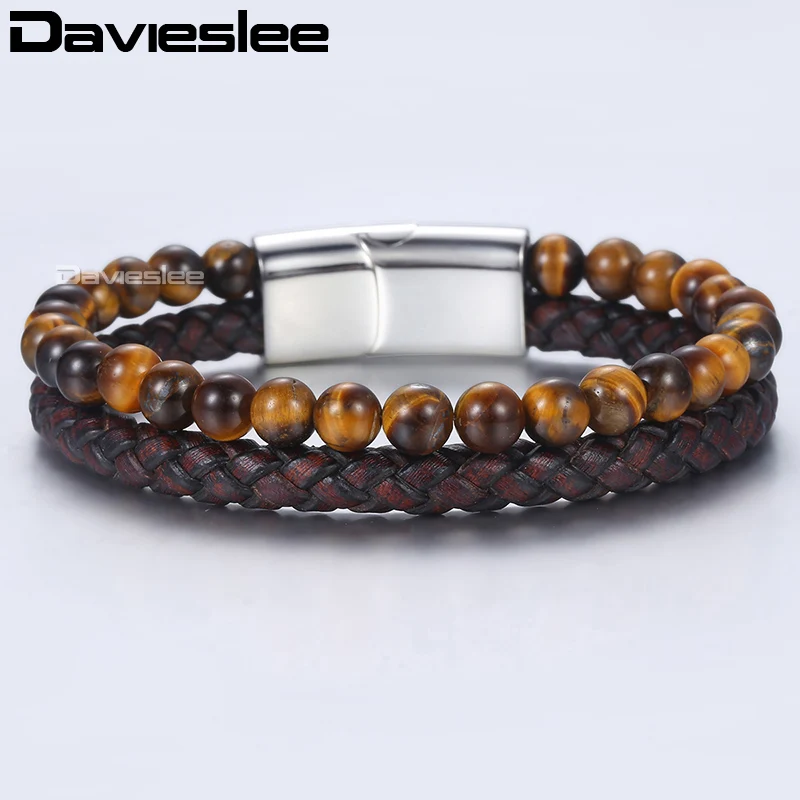

Davieslee Braided Genuine Mens Leather Bracelets Brown Tiger Eye Stone Yoga Beads Bracelet For Men Magnetic Clasp 6mm LDLB101