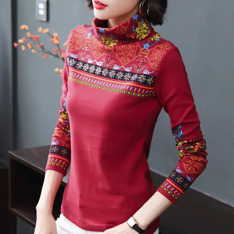 PEONFLY пуловеры для женщин водолазка вязаный джемпер модный принт Национальный Стиль Женская тонкая одежда уличная топы свитеры - Цвет: Red