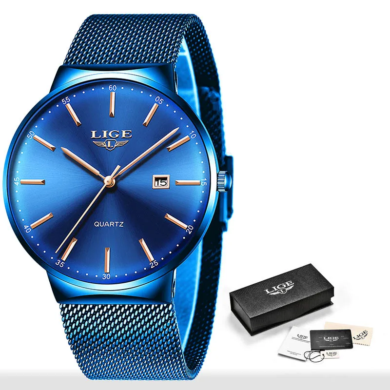 All blue LIGE мужские часы от ведущего бренда класса люкс водонепроницаемые ультра тонкие часы с датой мужские часы со стальным ремешком повседневные кварцевые часы мужские спортивные наручные часы - Цвет: All blue