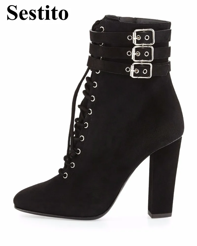 

European Style Round Toe Square Heel Flock Lace-up Ankle Boots Women Solid Super High Short Boots Cross-tied Buckle Strap Shoes