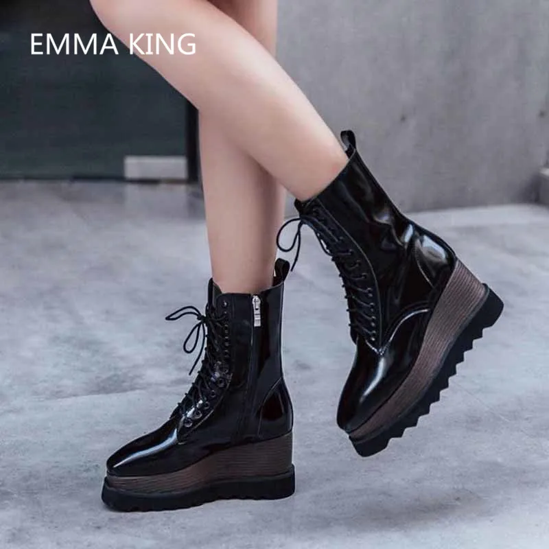 

Rihanna Creeper Women Platform Ankle Boots Luxury Patent Leather Lace Up Casual Shoes Party High Heels Woman Winter Martin Boots