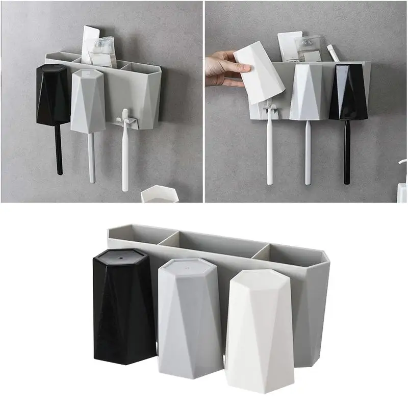 

1 Set Wall Mount Toothpaste Holder Durable Gargle Cup Mug And Toothbrush Rack Plastic Organizer Bathroom Accessories