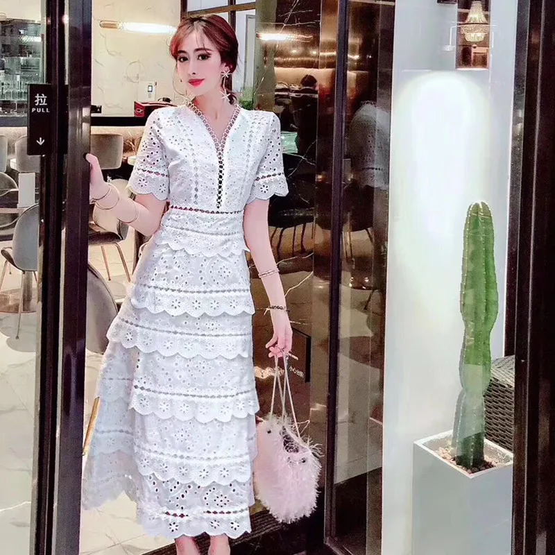 

SMTHMA 2019 New arrive High quality luxury runway white Lace Dress women Summer Short sleeve Sexy V-neck party dress vestidos