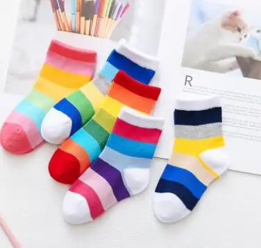 Детские хлопковые носки детские школьные хлопковые носки в радужную полоску для мальчиков и девочек, носки Sokken на весну-лето, Прямая - Цвет: Многоцветный