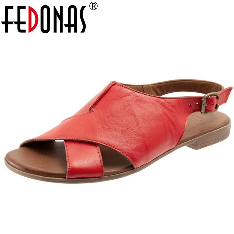 

FEDONAS Rome Round Toe Shallow Buckle Women Flats Solid Pu Leather Women Sandals 2019 Summer New Comfortable Casual Shoes Woman