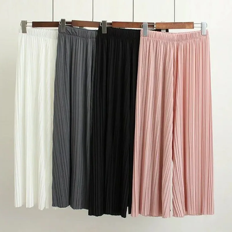 

New Spring and Autumn Solid Color Womens Pleated Wide Leg Pants with Elastic Women Summer Loose Casual Pants Trousers