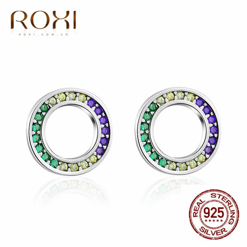

ROXI Prevent Allergy Round Stud Earrings for Women Real 925 Sterling Silver Jewelry Hollow Circle Crystal Earrings Korea Gifts