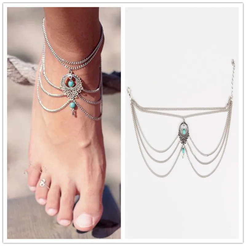 

ROMAD Summer Foot Jewelry Multilayer Ladies blue stone Female Bohemian Boho Fashion Ankle Bracelet Bikini Jewelry R4