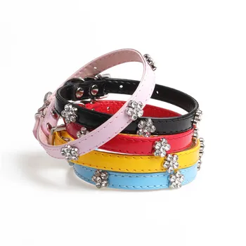 

2018 Fashion Solid Color PU Leather Durable Adjustable Collar Rhinestone Flower Necklace Collar For Small Pet Puppy Cat