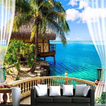 

beibehang 3D mural wallpaper for walls 3 d Balcony window beach sea palm hut holiday backdrop custom silk photo wall paper roll