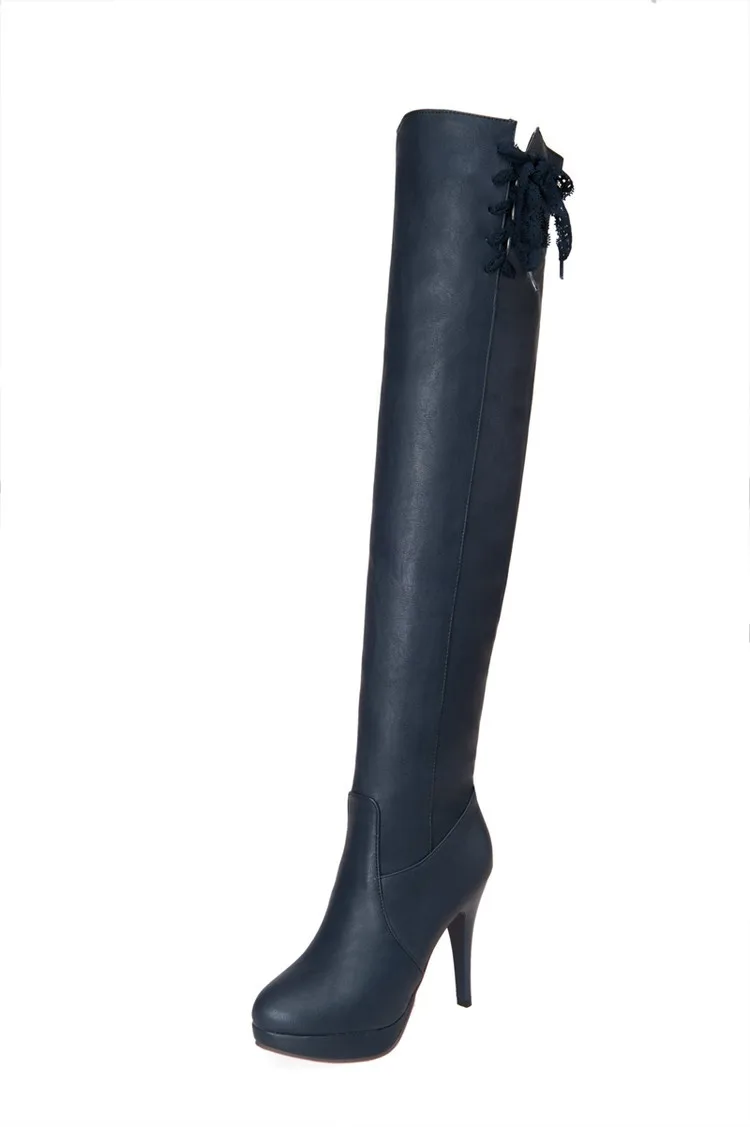 Оригинальное предназначение; Новинка; элегантные женские сапоги выше колена; сапоги на платформе и тонком каблуке; цвет черный, белый, синий; пикантная женская обувь размера плюс
