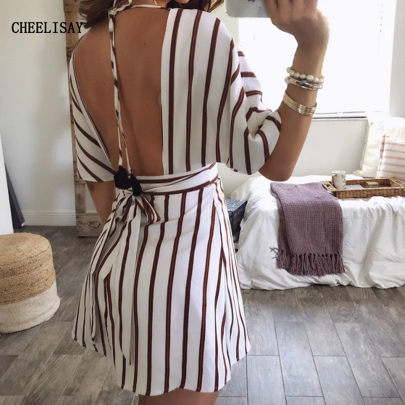 Women Striped Button Vintage Dress Sexy Deep V Neck Batwing Sleeve Summer Dress Casual Backless Lace Up Mini Dresses