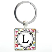 Letter L keychain fashion charming Bright Floral Pattern letters glass dome metal key chain ring holder women keyring gifts AA23