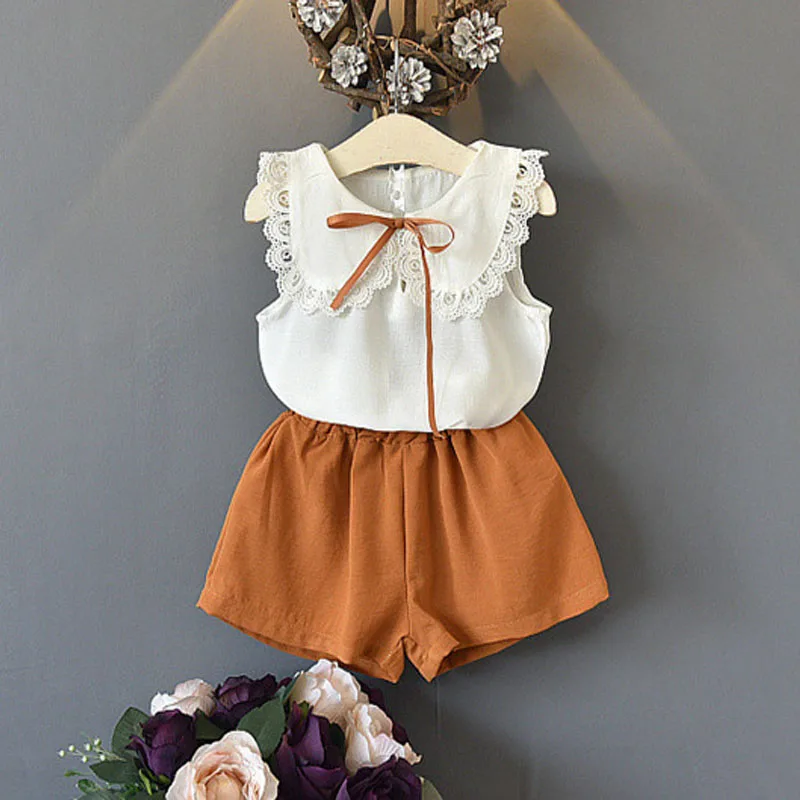 

Girls sets clothing 2018 New Summer turn collar Sleeveless T-Shirt+Pants 2 Pcs Kids Clothing Sets Children Clothing