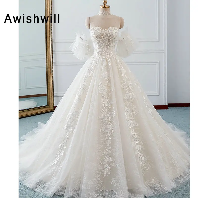 Vestido De Noiva Appliques Chapel Train Lace A Line Wedding