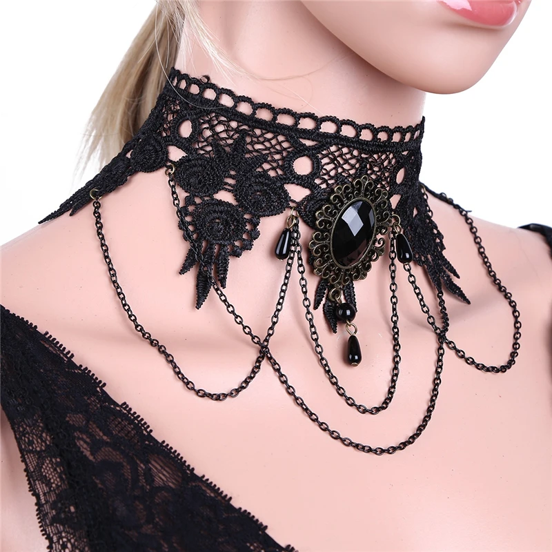 

MSemis Women Girls Fashion Wedding Bracelet Necklace Jewelry Vintage Lace Rhinestone Beads Statement Chain Pendant Wedding Party