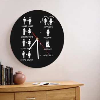 

1Piece Funny 7 Lovely Logics Wall Clock Happy Life Marriage Round Iconic Silhouette Wall Art Wicked Wedding Mantra Home Decor