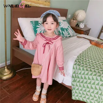 

WLG girls spring sailor collar dresses kids cute bow pink dress baby preppy style princess dress children