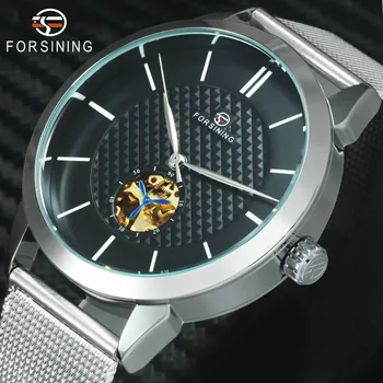 

FORSINING Fashion Men Auto Mechanical Watches Ultra Thin Design Skeleton Golden Dial Stainless Steel Mesh Strap Wristwatch