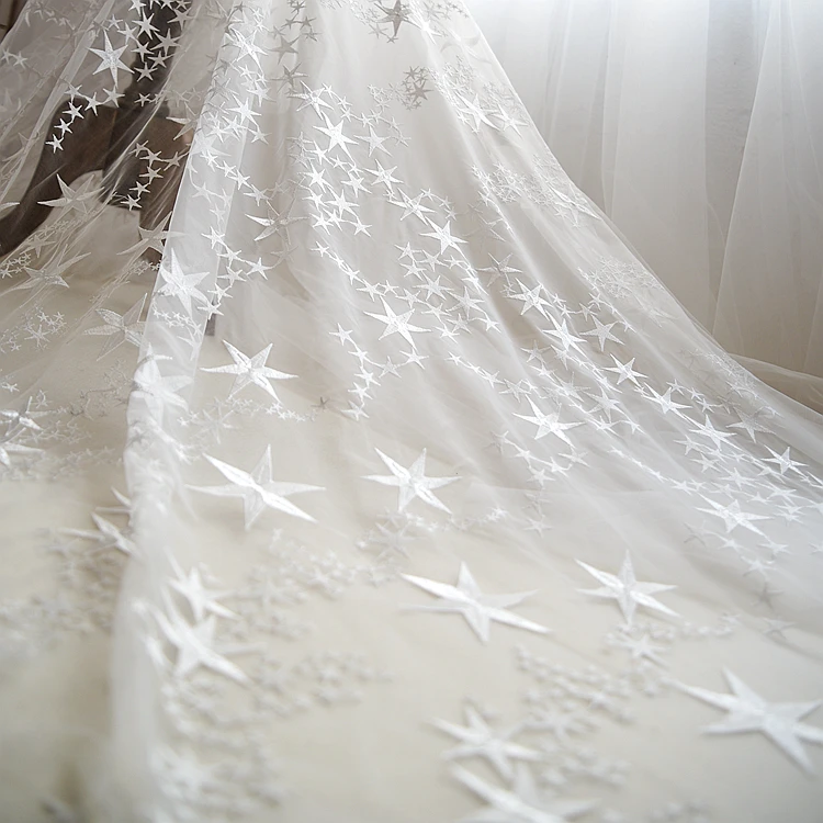 Beautiful Off White Stars Embroidered Mesh Lace Fabric
