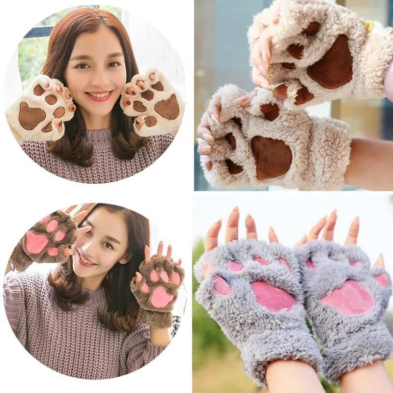 

Cute Bear Cat Claw Paw Gloves Winter Warm Women Plush Mittens Girls Short Half Finger Gloves Lovely Cartoon Velvet Animal Gloves