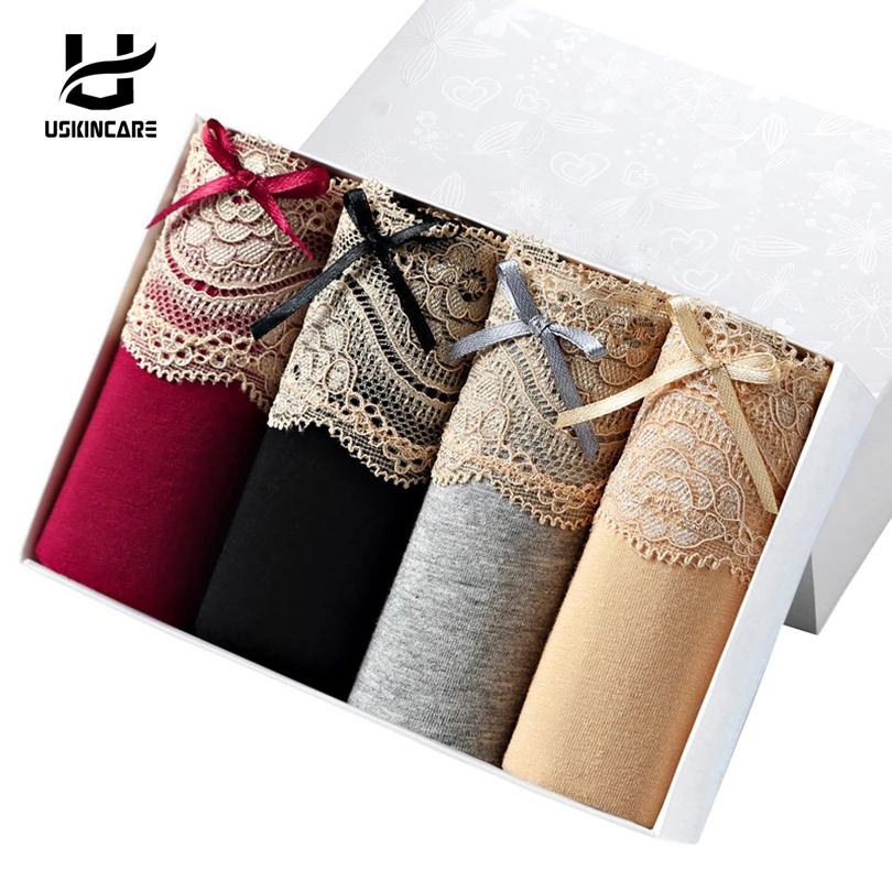 Uskincare Panties 4 Pieces/lot Lace Women Cotton Brief Underwear Mid-waist Solid Panties Breathable Ladies Underpants Female Uskincare Panties 4 Pieces/lot Lace Women Cotton Brief Underwear Mid-waist Solid Panties Breathable Ladies Underpants Female