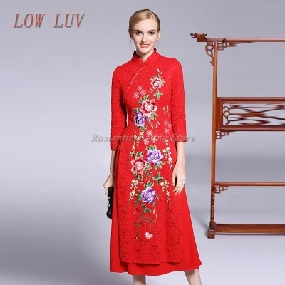 Низкая LUV г-жа Гао качество вышивки cheongsam длинный отрезок Тонкий Фальшивое Болеро кружевное платье в стиле ретро AL19