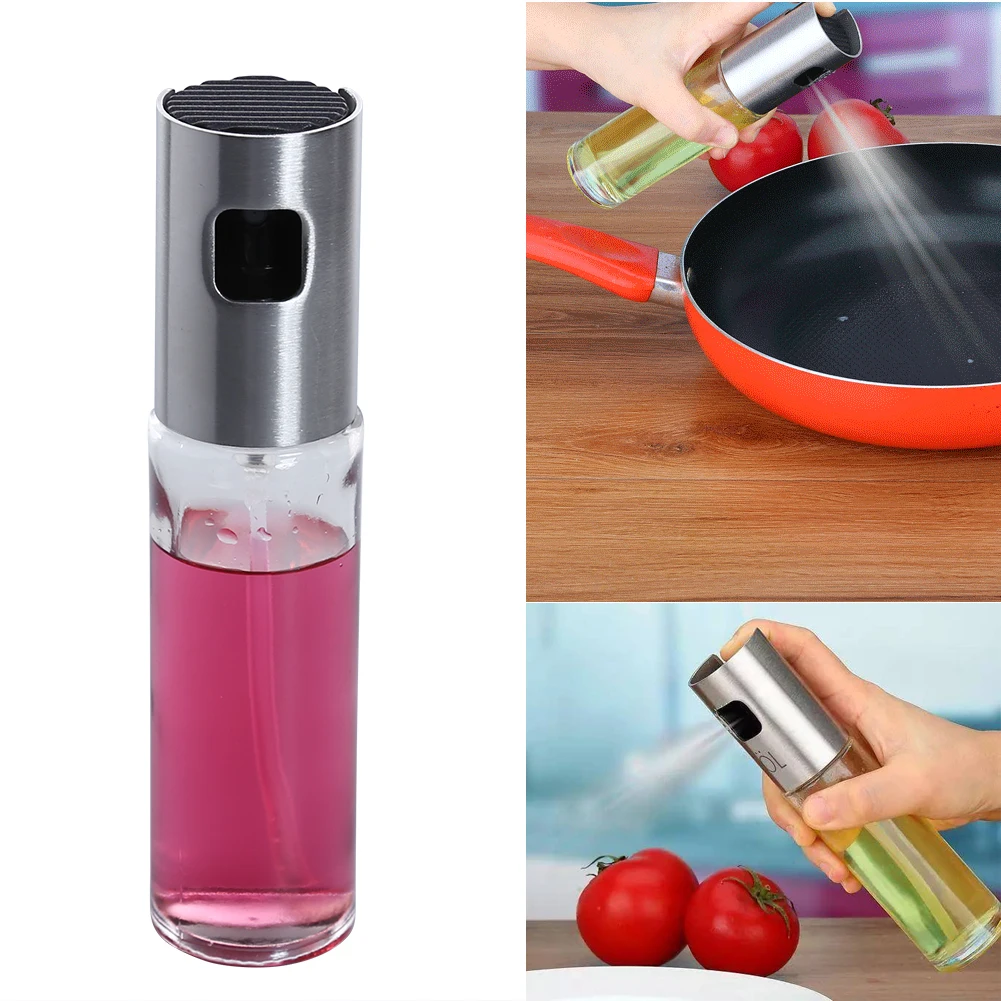 100ML Stainless Steel Glass Oil Pump Spray Fine Bottle Olive Can Vinegar Spraying Bottle BBQ