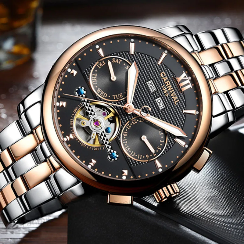 Классический карнавал полые механические часы Для мужчин Tourbillon Day Date