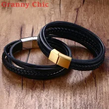 Granny Chic Fashion Stainless Steel Chain Genuine Black Leather Bracelet Men Vintage Male Braid Jewelry for women Silver Gold