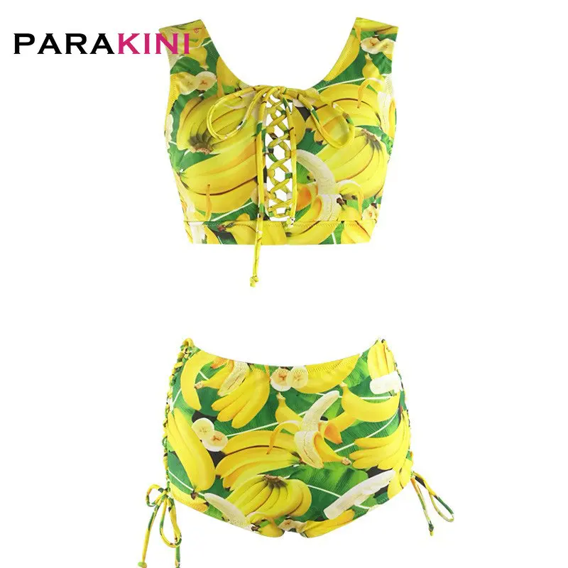 

PARAKINI Yellow Floral Print Plus Size Bikini Set Women High Waist Lace Up Two Pieces Swimsuit 2020 Girl Sexy Beach Bathing Suit