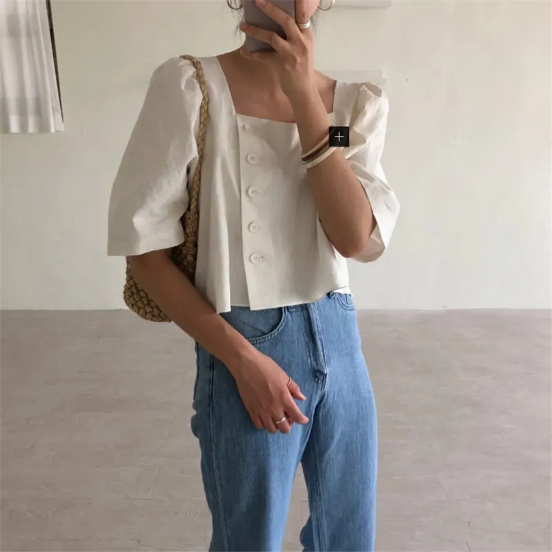 

Alien Kitty Korea New Arrival Loose Sweet All-Match Shirt Square Collar Vintage Summer Casual Short Sleeve Female Short Shirts