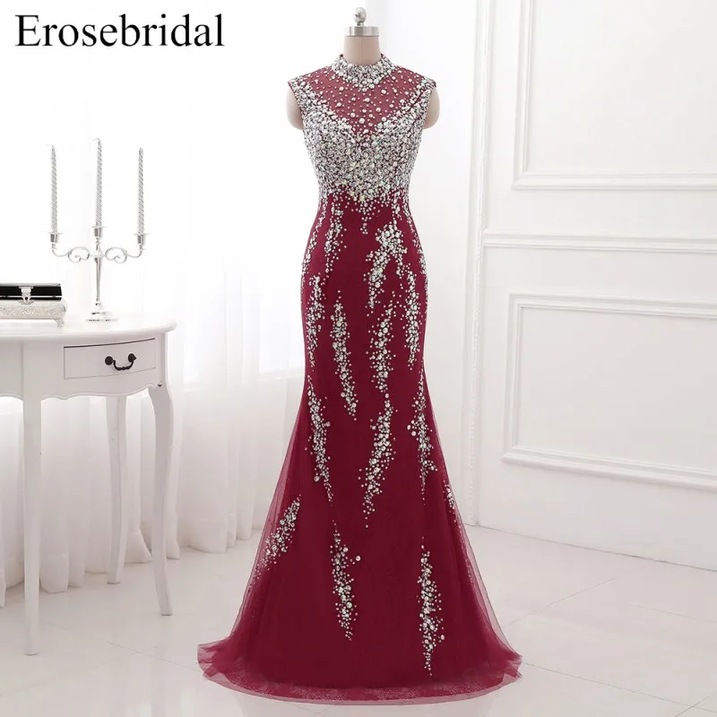 Erosebridal вечернее платье с высоким воротом, длинное роскошное длинное вечернее женское платье с бисером, вечерние платья на молнии сзади с маленьким шлейфом - Цвет: Color 1