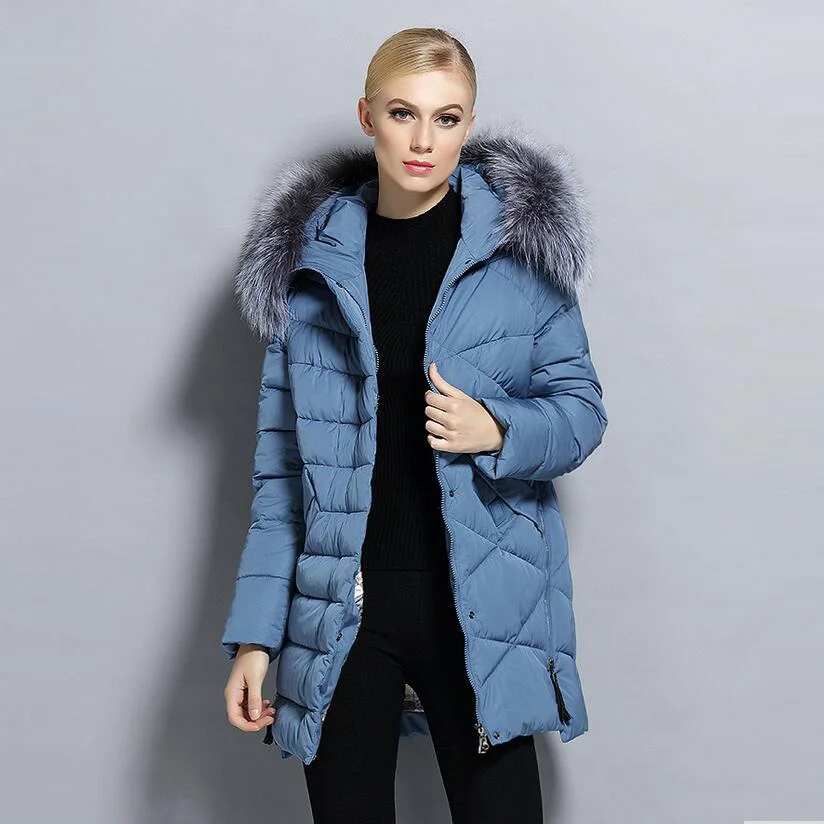 SpiritMoon 2017 New Winter Women Bio Down Jacket Hooded Thick Coat Winter Parka With Natural Silver Fox Collar Plus Size 5XL 6XL