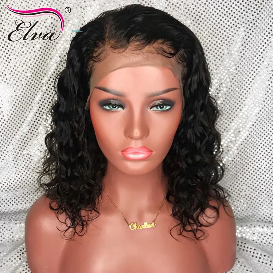 Online Pelucas de pelo humano del frente del cordón rizado pelo de Elva pelo Remy peruano 360 nudos blanqueados predesplumados frontales para las mujeres peluca del cordón del pelo del bebé