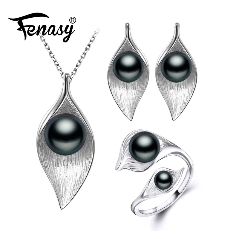 FENASY Nice Natural Pearl Jewelry Sets ,925 Sterling Silver pendant Necklace for women Pearl Earrings 2018 and wedding rings a suit of stunning faux pearl necklace jewelry and earrings for women