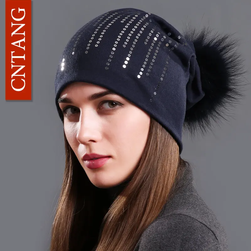 Navy Navy Pompom CNTANG, зимние шапки для женщин, модные круглые хлопковые шапки с пайетками, женские шапки, шапки с натуральным мехом енота, Меховые помпоны, осенняя теплая шапка - Цвет: Navy Navy Pompom