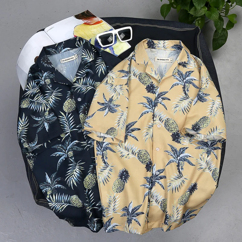 En Ligne 2018 Nouvelle Arrivée Hommes Mode Marque D été Feuilles Fleur Ananas Impression Lâche Manches Courtes Chemise Masculine Hawaiian Style Plage Chemise