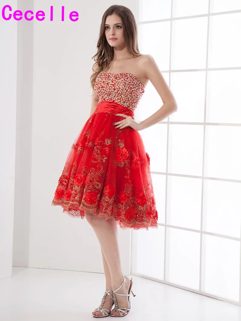Red Short A Line Tail Dresses 2018 Sweetheart Sparkly Beaded Red Short A Line Tail Dresses 2018 Sweetheart Sparkly Beaded Flowers Lace Knee Length S Informal Party Dress