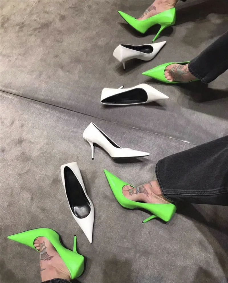 Paris Runway Shoes Woman Sandals Square Knife Fluorescent Neon-Green Leather Pumps Women Shoes zapatos de mujer