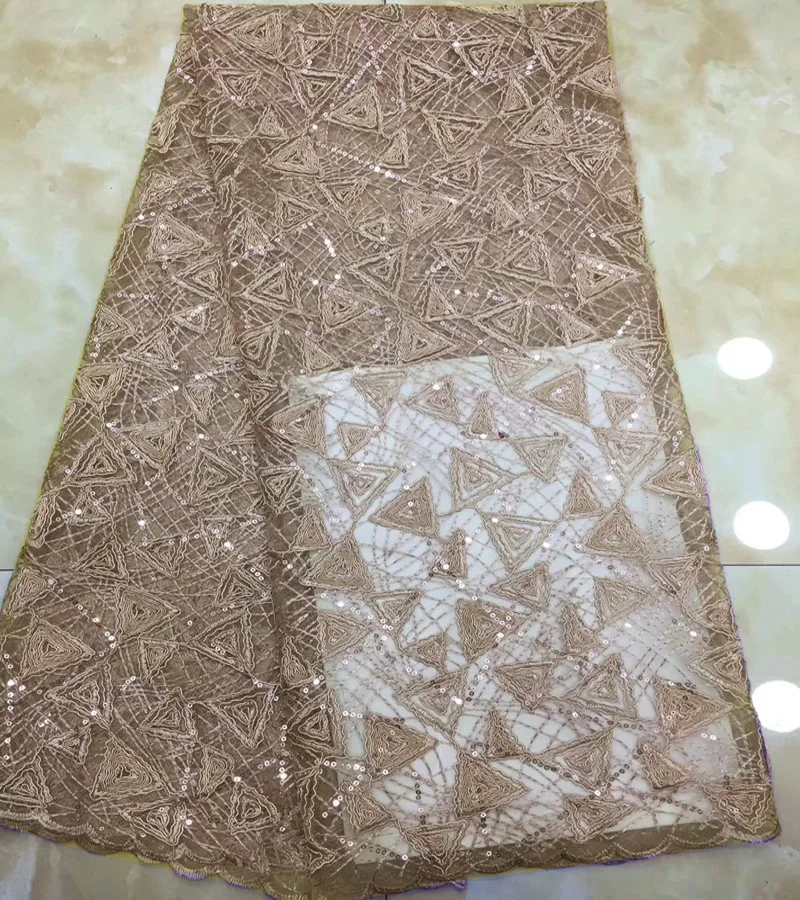 

(5yards/pc) high quality champagne gold African tulle lace wonderful embroidered French net lace fabric with sequins FZZ130