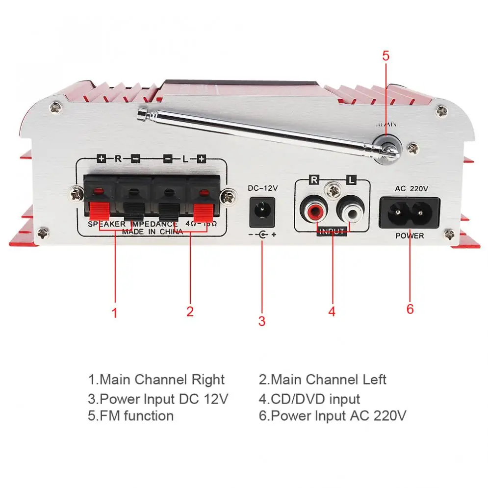 2CH HI-FI Digital Bluetooth Car Audio Power Amplifier FM Radio Player Support SD / USB / DVD / MP3 Input for Car Motorcycle Home