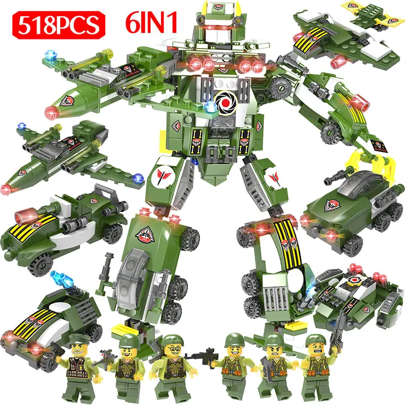 

518pcs City Police Station Bricks Legoingly WW2 Fighter Military Deformation Robot Car Building Blocks Kit Toys For Children Boy