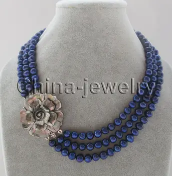 

3row 17-19" 8-9mm blue round freshwater pearl necklace - flower shell