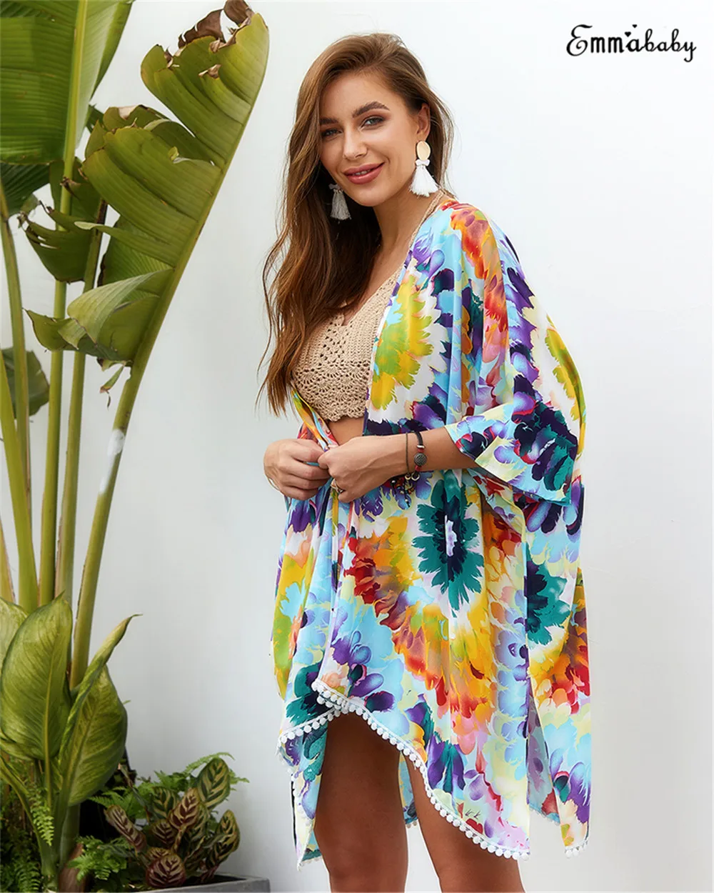 Женская шифоновая свободная шаль с принтом Кимоно Кардиган Топ накидка блузка пляжная одежда