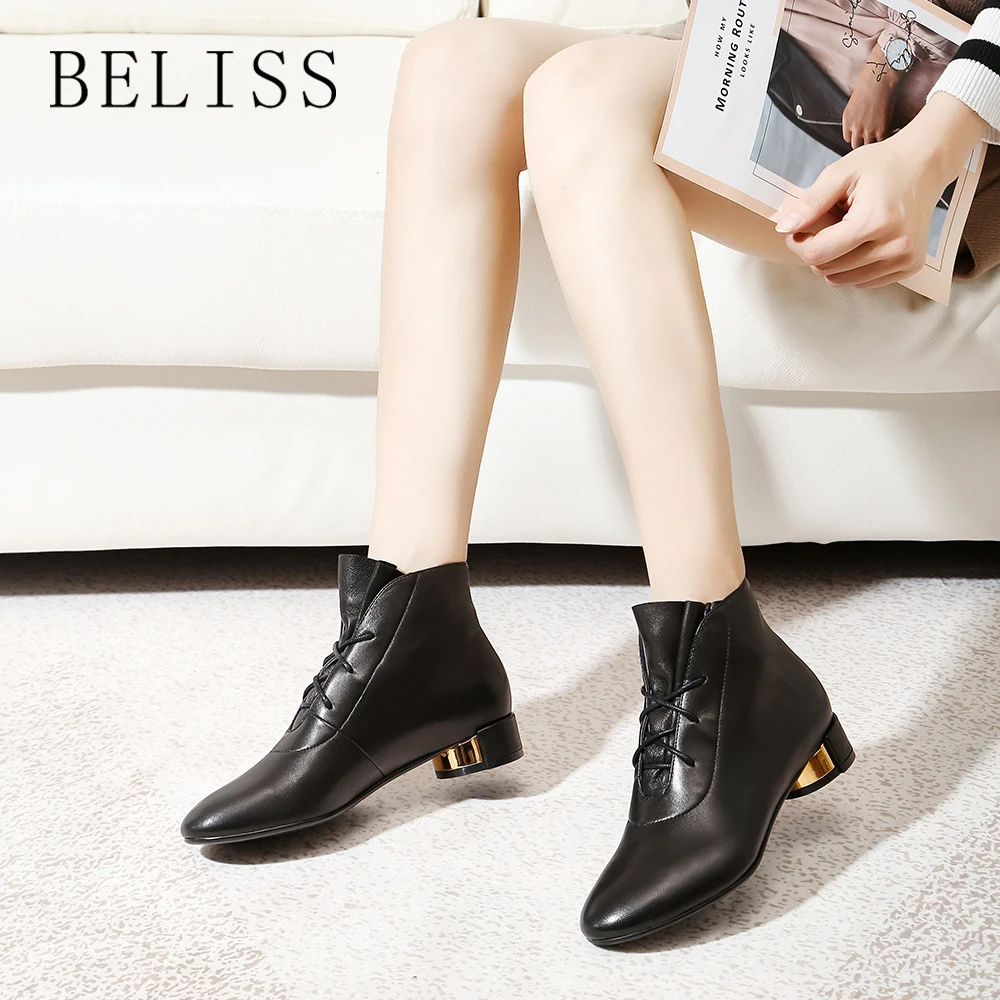 

BELISS ankle boots for women metal round heel 2018 black spring autumn boots women leather lace-up boots ladies thick heel B63